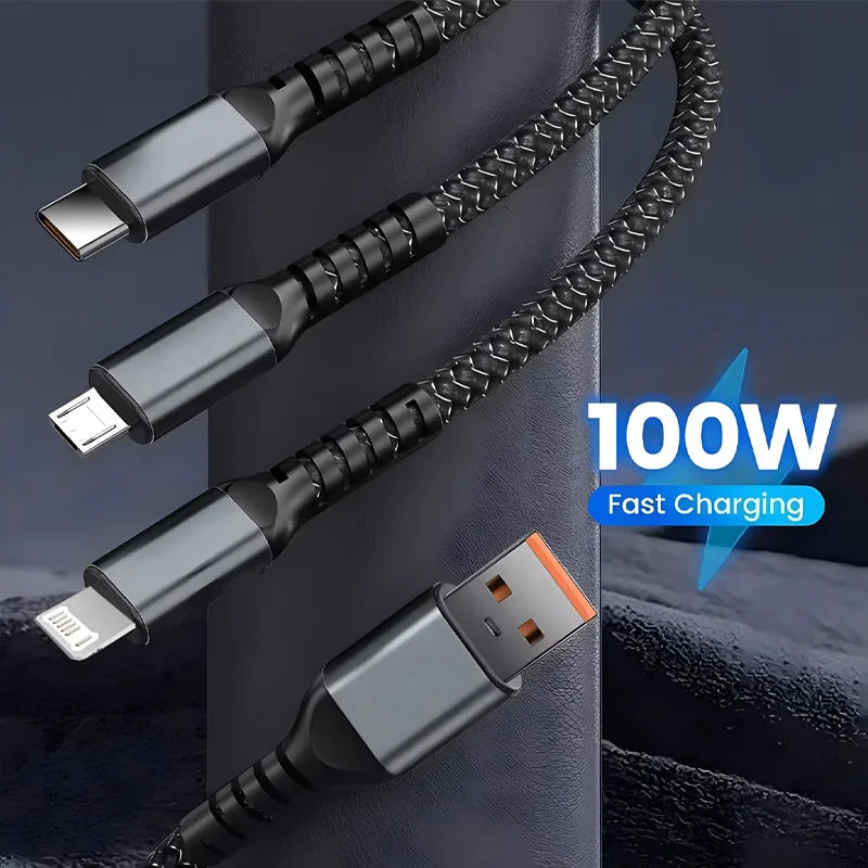 ⚡ TriCharge™ 3-in-1 Fast Charging Cable – 100W Braided Multi-Port