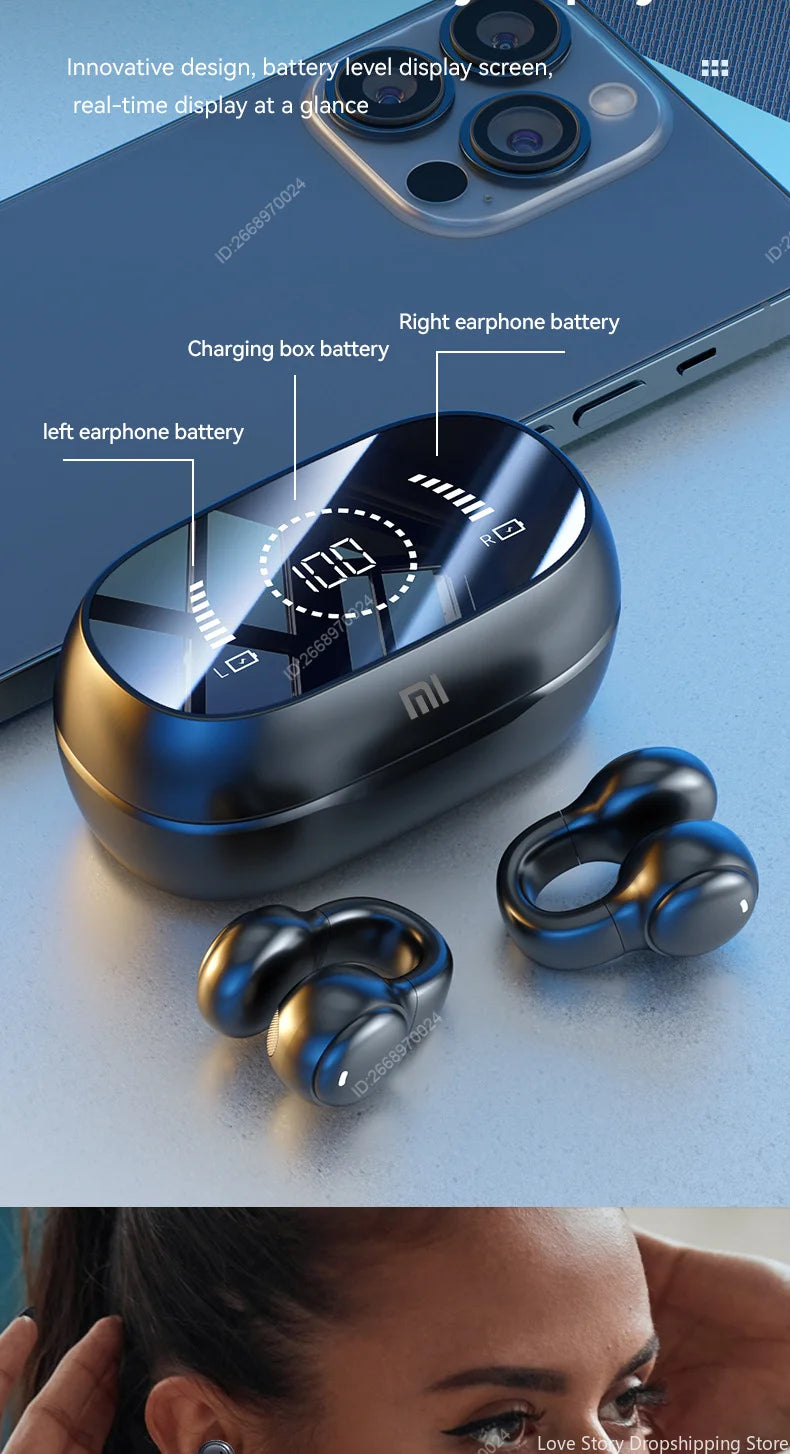 🎧 Wireless Bone Conduction Earphones – Open-Ear Ear Ring Design with Charging Case!