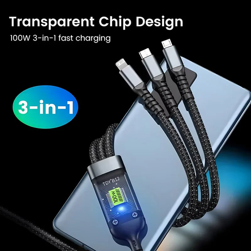 ⚡ TriCharge™ 3-in-1 Fast Charging Cable – 100W Braided Multi-Port