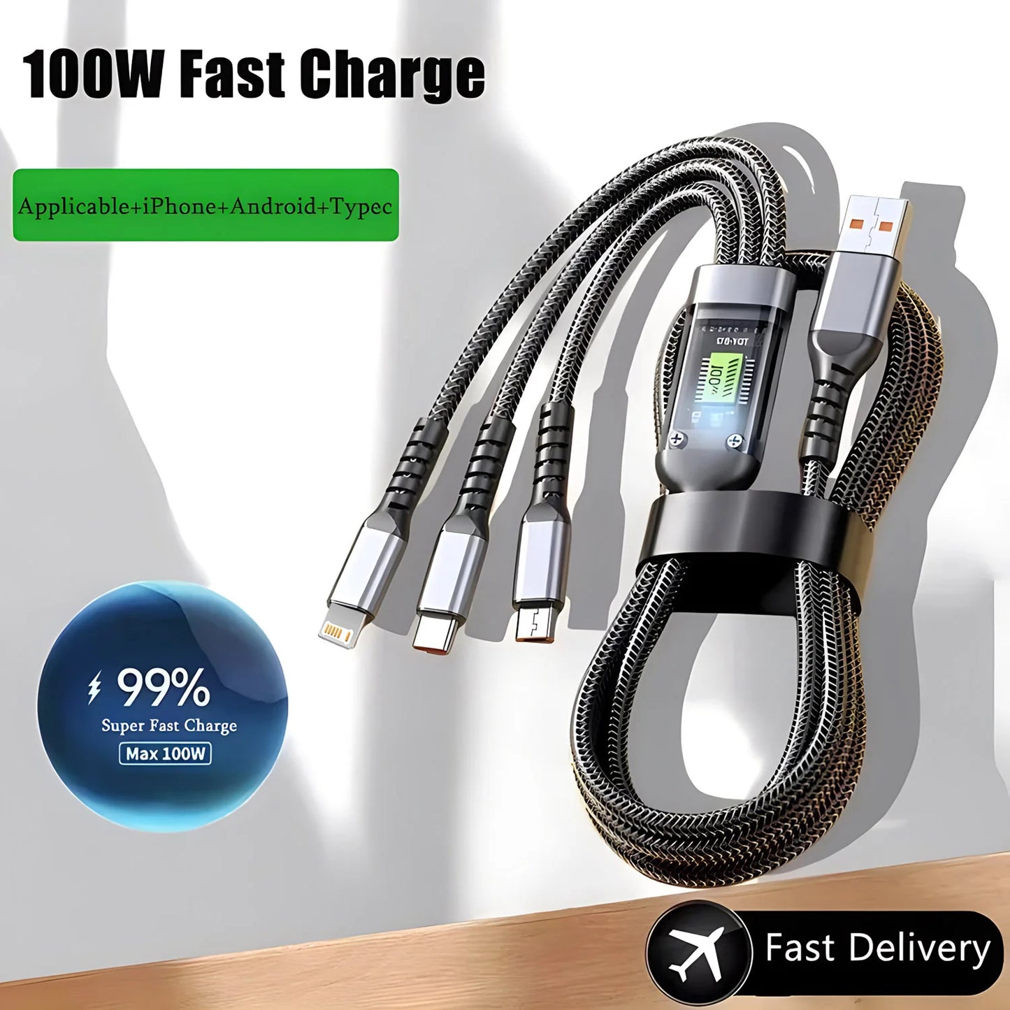 ⚡ TriCharge™ 3-in-1 Fast Charging Cable – 100W Braided Multi-Port