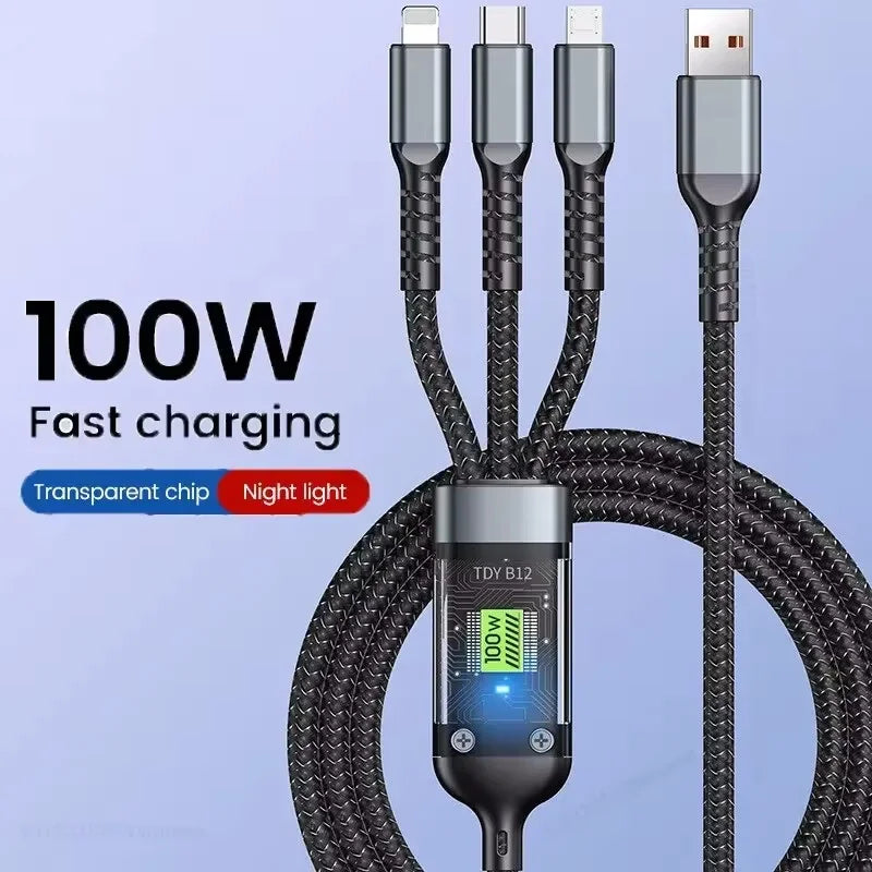 ⚡ TriCharge™ 3-in-1 Fast Charging Cable – 100W Braided Multi-Port